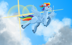 Size: 6801x4250 | Tagged: safe, artist:fluffywolf36, imported from derpibooru, rainbow dash, pegasus, pony, absurd resolution, female, flying, lens flare, sky, solo