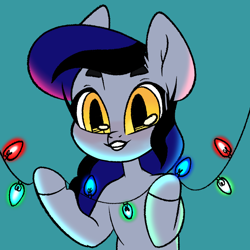 Size: 2000x2000 | Tagged: safe, artist:eluthedruid, imported from derpibooru, oc, oc only, oc:night cloud, bat pony, pony, christmas, christmas lights, female, high res, holiday, simple background, solo