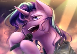 Size: 3508x2480 | Tagged: safe, artist:jadekettu, imported from derpibooru, starlight glimmer, pony, unicorn, clothes, concert, female, high res, hoof hold, jacket, leather jacket, mare, microphone, open mouth, open smile, signature, singing, smiling, solo, sweat