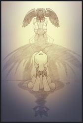 Size: 726x1073 | Tagged: safe, artist:sherwoodwhisper, imported from derpibooru, oc, oc only, oc:eri, bird, pony, raven (bird), unicorn, cape, clothes, female, filly, inktober, inktober 2021, looking up, monochrome, open mouth, shadow, sitting, solo