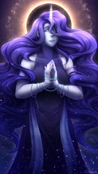Size: 2160x3840 | Tagged: safe, artist:jadekettu, imported from derpibooru, nightmare rarity, rarity, human, lil-miss rarity, bracelet, clothes, dress, eclipse, female, high res, horn, horned humanization, humanized, jewelry, solar eclipse, solo