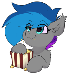 Size: 3522x3685 | Tagged: safe, artist:rileyisherehide, imported from derpibooru, oc, oc only, oc:lyssa, bat pony, pony, series:munching popcorn, commission, cute, eating, eyebrows, eyebrows visible through hair, fangs, food, herbivore, high res, ocbetes, popcorn, simple background, smiling, solo, transparent background, ych result