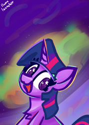 Size: 1879x2625 | Tagged: safe, artist:llamalauncher, imported from derpibooru, twilight sparkle, alicorn, pony, aurora borealis, chest fluff, female, solo, twilight sparkle (alicorn), wingding eyes