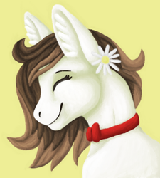 Size: 458x508 | Tagged: safe, artist:believeinshadows, imported from derpibooru, oc, oc only, oc:akouio, pony, bust, eyes closed, flower, flower in hair, portrait, profile, simple background, smiling, solo