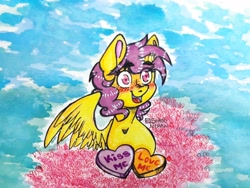Size: 3917x2938 | Tagged: safe, artist:shaddndraw, imported from derpibooru, oc, oc only, alicorn, pony, alicorn oc, blushing, commission, female, high res, horn, not fluttershy, solo, traditional art, wings, ych result