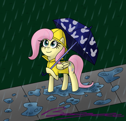 Size: 1595x1533 | Tagged: safe, artist:pixelemelee, imported from derpibooru, fluttershy, pegasus, pony, female, rain, raincoat, solo, umbrella