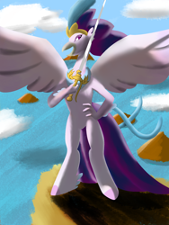 Size: 1800x2400 | Tagged: safe, artist:xd-385, imported from derpibooru, queen novo, classical hippogriff, hippogriff, fanfic:the lost element, bipedal, cloud, crown, day, fanfic, fanfic art, female, jewelry, lidded eyes, looking at you, looking sideways, rapier, regalia, sky, solo, standing on two hooves, sword, water, weapon