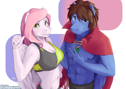 Size: 3508x2480 | Tagged: safe, artist:pwnagespartan, imported from derpibooru, oc, oc only, oc:bizarre song, oc:sugar morning, anthro, pegasus, abs, belly button, breasts, busty sugar morning, cape, cleavage, clothes, duo, female, high res, looking at you, male, oc x oc, shipping, sports bra, straight, sugarre, wings