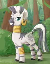 Size: 1754x2240 | Tagged: safe, artist:pwnagespartan, imported from derpibooru, zecora, pony, zebra, female, forest, smiling, solo