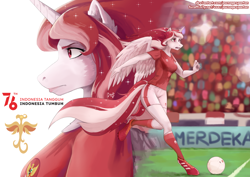 Size: 2480x1754 | Tagged: safe, artist:pwnagespartan, imported from derpibooru, oc, oc only, oc:indonisty, alicorn, anthro, unguligrade anthro, alicorn oc, crowd, female, football, horn, indonesia, nation ponies, ponified, running, solo, sports, stadium, wings