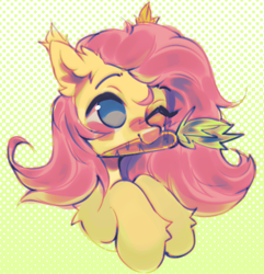 Size: 542x563 | Tagged: safe, artist:astralblues, imported from derpibooru, fluttershy, pegasus, pony, abstract background, bust, carrot, cute, ear fluff, female, food, herbivore, mare, mouth hold, one eye closed, portrait, shyabetes, solo