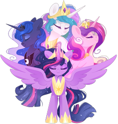 Size: 2163x2283 | Tagged: safe, alternate version, artist:cinnamontee, imported from derpibooru, princess cadance, princess celestia, princess luna, twilight sparkle, alicorn, pony, season 9, the last problem, spoiler:s09, alicorn tetrarchy, crown, cutie mark, ethereal mane, eyes closed, female, glowing, glowing horn, high res, hoof shoes, horn, jewelry, magic, mare, older, older twilight, peytral, princess twilight 2.0, regalia, royal sisters, siblings, simple background, sisters, smiling, spread wings, starry mane, transparent background, twilight sparkle (alicorn), vector, wings