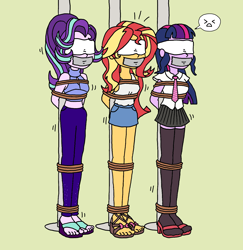 Size: 1512x1553 | Tagged: safe, artist:bugssonicx, imported from derpibooru, starlight glimmer, sunset shimmer, twilight sparkle, equestria girls, blindfold, bondage, clothes, damsel in distress, denim skirt, gag, help us, high heels, kidnapped, microskirt, miniskirt, necktie, pants, pole, pole tied, ribbon, rope, rope bondage, sandals, scared, shoes, skirt, socks, stockings, struggling, tape, tape gag, thigh highs, thigh socks, tied up, wedge heel, zettai ryouiki