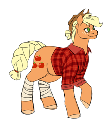 Size: 1280x1451 | Tagged: safe, artist:spartalabouche, imported from derpibooru, applejack, earth pony, pony, applejack's hat, braided tail, clothes, cowboy hat, cutie mark, female, flannel shirt, hat, leg wraps, raised hoof, shirt, simple background, smiling, solo, tail, white background
