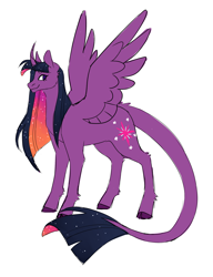 Size: 1280x1664 | Tagged: safe, artist:spartalabouche, imported from derpibooru, twilight sparkle, alicorn, pony, alternate hairstyle, cloven hooves, curved horn, cutie mark, female, horn, leonine tail, simple background, smiling, solo, spread wings, tail, twilight sparkle (alicorn), white background, wings