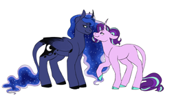 Size: 1280x711 | Tagged: safe, artist:spartalabouche, imported from derpibooru, princess luna, starlight glimmer, alicorn, classical unicorn, pony, unicorn, blank flank, cloven hooves, curved horn, cutie mark, duo, female, horn, leonine tail, lesbian, looking at each other, shipping, simple background, smiling, starluna, unshorn fetlocks, white background, wings