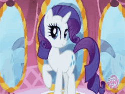 Size: 360x270 | Tagged: safe, imported from derpibooru, screencap, rarity, pony, unicorn, animated, female, gif, mare, mirror, my little pony logo, solo, wrong aspect ratio