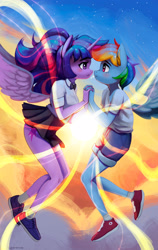 Size: 2000x3164 | Tagged: safe, artist:mrscroup, imported from derpibooru, rainbow dash, twilight sparkle, alicorn, anthro, pegasus, clothes, duo, eye contact, female, high res, holding hands, legs, lesbian, looking at each other, miniskirt, pleated skirt, school uniform, schoolgirl, shipping, shorts, skirt, twidash, twilight sparkle (alicorn)