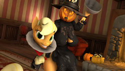 Size: 1920x1080 | Tagged: safe, artist:lincoln ks115, imported from derpibooru, applejack, oc, anthro, dullahan, 3d, decapitated, disembodied head, halloween, headless, holiday, modular, pumpkin, pumpkin head, solo, source filmmaker, ych example, your character here