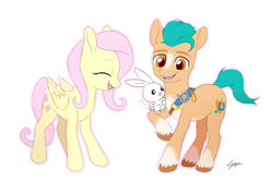 Size: 1200x850 | Tagged: safe, artist:sion, imported from derpibooru, angel bunny, fluttershy, hitch trailblazer, earth pony, pegasus, pony, rabbit, spoiler:my little pony: a new generation, animal, badge, blaze (coat marking), coat markings, critter magnet, cute, duo, eyes closed, facial markings, female, g4, g4 to g5, g5, implied time travel, looking at someone, male, mare, my little pony: a new generation, open mouth, open smile, raised hoof, sheriff's badge, signature, simple background, sitting, smiling, socks (coat markings), stallion, unshorn fetlocks, white background, wings