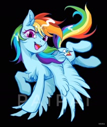 Size: 1600x1893 | Tagged: safe, artist:paipaishuaige, imported from derpibooru, rainbow dash, pegasus, pony, black background, chest fluff, ear fluff, female, lightly watermarked, looking at you, mare, open mouth, simple background, solo, watermark