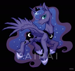 Size: 1688x1600 | Tagged: safe, artist:paipaishuaige, imported from derpibooru, princess luna, alicorn, pony, black background, ear fluff, female, leg fluff, lightly watermarked, mare, profile, simple background, solo, watermark
