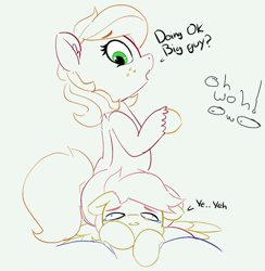 Size: 763x781 | Tagged: safe, artist:pabbley, edit, imported from derpibooru, big macintosh, fluttershy, earth pony, pegasus, pony, butt, butterreina, butterscotch, dialogue, female, fluttermac, flutterseat, green background, larger female, macareina, male, mare, plot, rule 63, shipping, simple background, sitting, size difference, smaller male, stallion, straight, this will end in death by snu snu