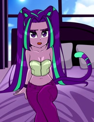 Size: 1400x1800 | Tagged: safe, artist:nekojackun, imported from derpibooru, aria blaze, equestria girls, ariabetes, bare shoulders, bed, cat ears, cat tail, catgirl, cloud, cute, cute little fangs, fangs, female, looking at you, open mouth, pillow, sitting, sky, sleeveless, slit pupils, solo, strapless, sun, tail, window