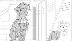 Size: 3837x2160 | Tagged: safe, artist:cocaine, imported from derpibooru, oc, oc:wholeheart, pegasus, fallout equestria, 69 (number), armor, commission, cowboy hat, hat, lineart, locker room, monochrome, pegasus oc, photo, smiling, toothpick, wings, wip