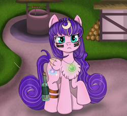 Size: 3827x3508 | Tagged: safe, artist:starsilk, imported from derpibooru, oc, oc only, oc:star silk, pegasus, art, bottle, glow, letter, message in a bottle, pink fur, potion, practice, purple mane, serious, solo, war paint