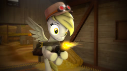 Size: 1920x1080 | Tagged: artist needed, safe, imported from ponybooru, derpy hooves, pegasus, pony, 3d, female, gun, hat, hay bale, hoof hold, mare, messenger bag, nose wrinkle, shotgun, solo, source filmmaker, team fortress 2, wavy mouth, weapon