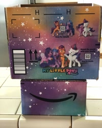 Size: 1108x1385 | Tagged: safe, imported from derpibooru, izzy moonbow, pipp petals, sunny starscout, zipp storm, spoiler:my little pony: a new generation, amazon, box, g5, irl, my little pony: a new generation, photo