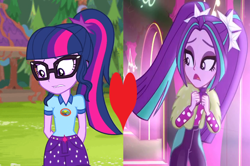 Size: 1022x680 | Tagged: safe, imported from derpibooru, aria blaze, sci-twi, twilight sparkle, equestria girls, equestria girls series, find the magic, legend of everfree, spoiler:eqg series (season 2), female, heart, lesbian, shipping, shipping domino, sparkleblaze