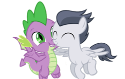 Size: 595x378 | Tagged: safe, artist:fineprint-mlp, artist:sketchmcreations, edit, editor:undeadponysoldier, imported from ponybooru, vector edit, rumble, spike, dragon, pegasus, pony, colt, crack shipping, cute, daaaaaaaaaaaw, gay, happy, hug, male, rumblebetes, rumblespike, shipping, side hug, simple background, spikabetes, transparent background, vector, winged spike, winghug