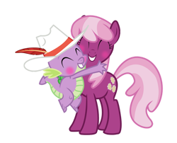 Size: 994x804 | Tagged: safe, artist:geekywebman, edit, editor:undeadponysoldier, imported from ponybooru, vector edit, cheerilee, spike, dragon, earth pony, pony, secret of my excess, blushing, cheeribetes, cheerispike, cute, female, happy, hat, hug, male, mare, quill, shipping, simple background, spikabetes, spikelove, straight, transparent background, vector