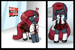 Size: 3162x2081 | Tagged: safe, artist:n-o-n, imported from derpibooru, oc, oc only, oc:jessi-ka, pony, against glass, bipedal, bully, clothes, glass, high res, necktie, panel, school, skirt, socks, solo, spying