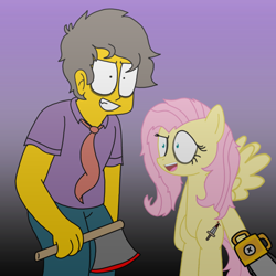 Size: 2048x2048 | Tagged: safe, artist:haileykitty69, imported from derpibooru, fluttershy, human, pegasus, pony, .mov, shed.mov, axe, bipedal, chainsaw, crossover, female, fluttermour, fluttershed, high res, male, mare, nightmare cafeteria, seymour skinner, the simpsons, treehouse of horror, weapon