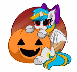 Size: 3670x3387 | Tagged: safe, artist:kittyrosie, imported from derpibooru, part of a set, oc, oc only, alicorn, bat pony, bat pony alicorn, pony, bat pony oc, bat wings, commission, cute, halloween, high res, holiday, horn, ocbetes, pumpkin, solo, wings, ych result