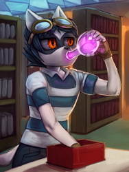 Size: 2700x3600 | Tagged: safe, artist:general-irrelevant, imported from derpibooru, part of a set, oc, oc only, oc:palette painter, anthro, raccoon, anthro oc, anthro to pony, bookshelf, box, canterlot high, character to character, clothes, commission, drink, drinking, fingerless gloves, furry, furry oc, furry to pony, gloves, glowing, goggles, high res, implied twilight sparkle, library, lunchbox, magic, male, male to female, part of a series, potion, rule 63, sequence, shirt, solo, standing, table, transformation, transformation sequence, transgender transformation