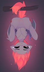 Size: 2540x4096 | Tagged: safe, alternate version, artist:magnaluna, imported from derpibooru, oc, oc only, oc:venipuncture, bat pony, pony, bat pony oc, hanging, hanging upside down, simple background, upside down