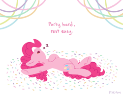 Size: 1800x1400 | Tagged: safe, artist:pink-pone, imported from derpibooru, pinkie pie, earth pony, pony, confetti, onomatopoeia, party hard, sleeping, sound effects, streamers, zzz