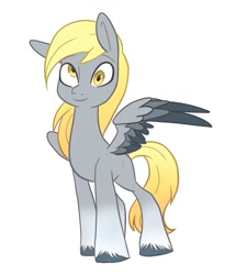 Size: 1047x1220 | Tagged: safe, artist:smirk, imported from derpibooru, derpy hooves, pegasus, pony, coat markings, colored hooves, colored wings, looking at you, looking up, missing cutie mark, redesign, simple background, smiling, socks (coat markings), solo, unshorn fetlocks, white background, wings