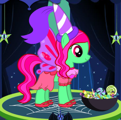 Size: 389x388 | Tagged: safe, artist:user15432, imported from derpibooru, minty, earth pony, fairy, pony, bowl, candy, clothes, costume, fairy costume, fairy princess, fairy princess outfit, fairy wings, fairyized, food, g3, g3 to g4, g4, generation leap, halloween, halloween costume, hat, hennin, holiday, lollipop, nightmare night, nightmare night costume, pink dress, pink shoes, pony maker, ponymaker, princess, princess costume, princess minty, purple wings, shoes, solo, wings