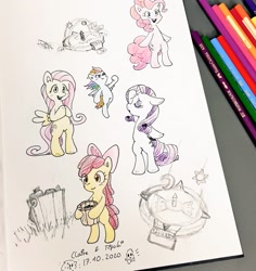 Size: 966x1024 | Tagged: safe, artist:fipoki, imported from derpibooru, apple bloom, fluttershy, pinkie pie, rainbow dash, rarity, earth pony, pegasus, pony, unicorn, bipedal, colored, female, filly, irl, mare, photo, sketch, traditional art