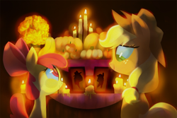 Size: 1500x1000 | Tagged: safe, artist:talonsofwater, imported from derpibooru, apple bloom, applejack, earth pony, pony, altar, altar de muertos, apple sisters, candle, cempasúchil, dia de los muertos, duo, female, filly, implied bright mac, implied pear butter, mare, ofrenda, shrine, siblings, sisters