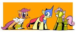 Size: 3500x1500 | Tagged: safe, artist:talonsofwater, imported from derpibooru, apple bloom, scootaloo, sweetie belle, earth pony, pegasus, pony, unicorn, animal costume, chicken suit, clothes, costume, cutie mark crusaders, female, filly, nightmare moon costume, nightmare night, robot costume, scootachicken, sweetie bot