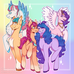Size: 2000x2000 | Tagged: safe, artist:plagued-arts, imported from derpibooru, hitch trailblazer, izzy moonbow, pipp petals, sunny starscout, zipp storm, earth pony, pegasus, unicorn, spoiler:my little pony: a new generation, bisexual pride flag, blaze (coat marking), blushing, braid, chest fluff, coat markings, colored eyebrows, colored hooves, colored pupils, ear fluff, ear tufts, eyes closed, eyeshadow, facial markings, feathered fetlocks, female, freckles, g5, grin, group, headcanon, high res, izzyscout, lesbian, lesbian in front of boys, lgbt headcanon, makeup, male, mane five (g5), mare, my little pony: a new generation, one eye closed, open mouth, open smile, pride, pride flag, quintet, rainbow background, raised hoof, raised leg, sexuality headcanon, shipping, signature, smiling, snip (coat marking), socks (coat markings), stallion, stars, unshorn fetlocks, white pupils, wrong eye color, yellow eyes, yellow-eyed pipp