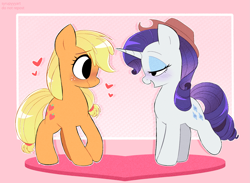 Size: 2257x1654 | Tagged: safe, artist:syrupyyy, imported from derpibooru, applejack, rarity, earth pony, pony, unicorn, accessory theft, applejack's hat, bedroom eyes, blushing, cowboy hat, cute, duo, eyeshadow, female, floating heart, freckles, hat, heart, jackabetes, lesbian, looking at each other, looking at someone, makeup, open mouth, ponytober, raised leg, raribetes, rarijack, shipping