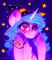 Size: 1762x2048 | Tagged: safe, artist:p0nyplanet, imported from derpibooru, izzy moonbow, pony, unicorn, bracelet, clothes, costume, cute, ear fluff, g5, halloween, halloween costume, hat, holiday, izzybetes, jewelry, my little pony: a new generation, one eye closed, wink, witch hat