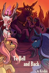 Size: 750x1125 | Tagged: safe, artist:overlordneon, imported from derpibooru, fluttershy, princess luna, alicorn, demon, pegasus, fanfic:to hell and back, baphomet, commission, extra eyes, extra legs, fanfic, fanfic art, fanfic cover, four eyes, hell, multiple eyes, multiple legs, satan, six legs, text